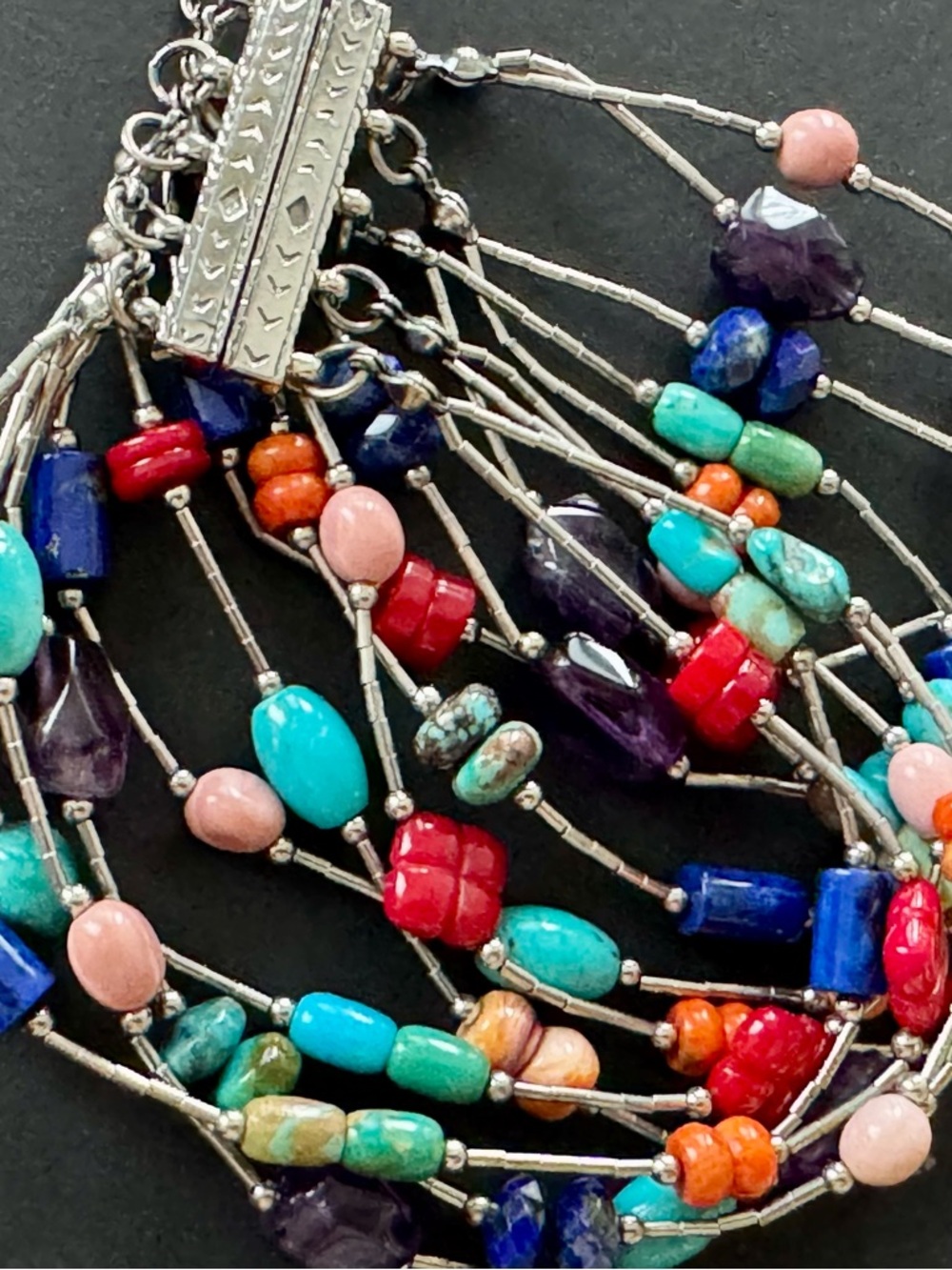 Fabulous Vibrant Silver Multicolor Beaded Multi-Strand Bracelet - Gemstone Mix - Picture 7 of 9
